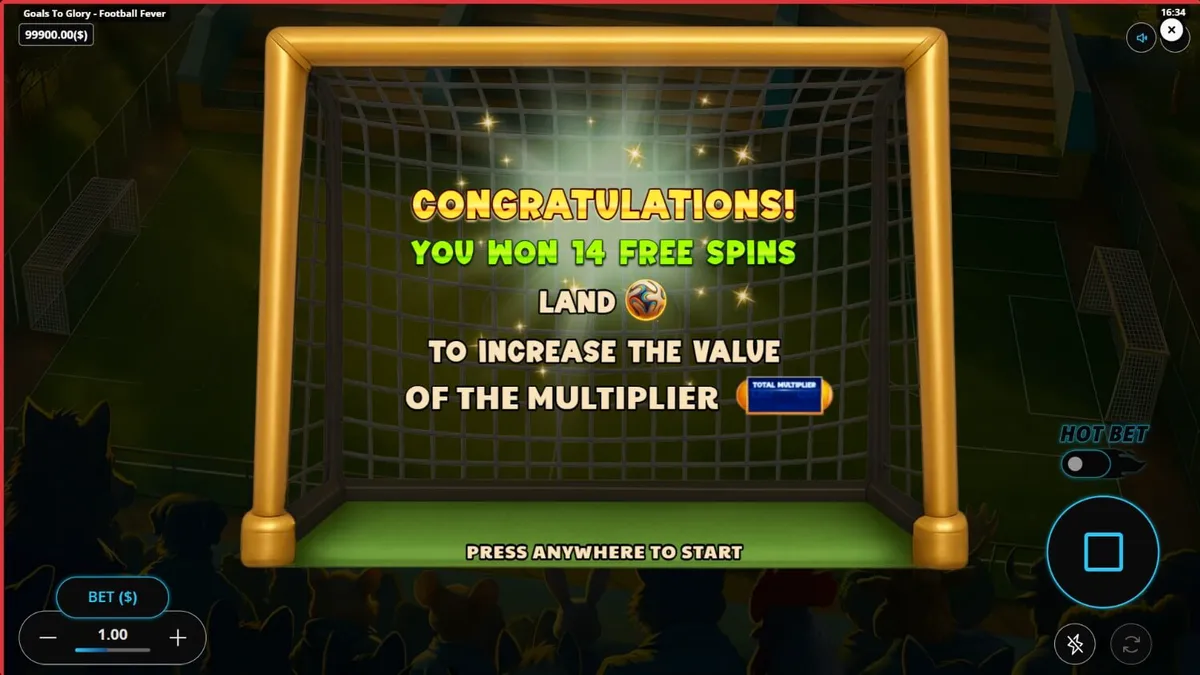 Interface vibrante e colorida do slot Goals to Glory Football Fever com personagens animais