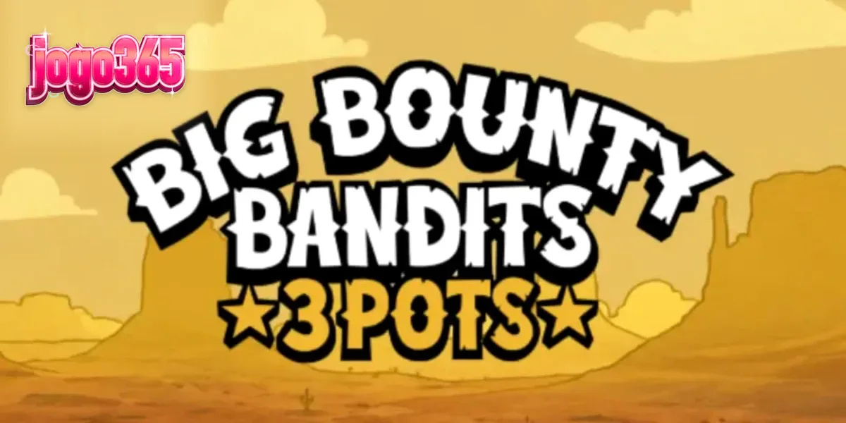 Uma cena vibrante do slot Big Bounty Bandits: 3 Pots, mostrando personagens no estilo 'rubber-hose' do Velho Oeste em um cenário de deserto com moedas de ouro.